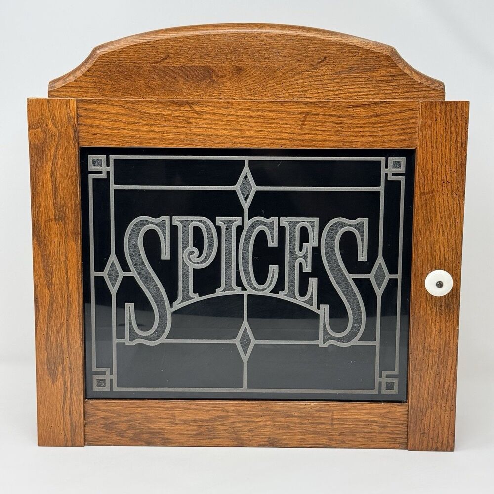 Cornwall Stained Glass Door Oak Wall Spice Cabinet 1978 Vintage